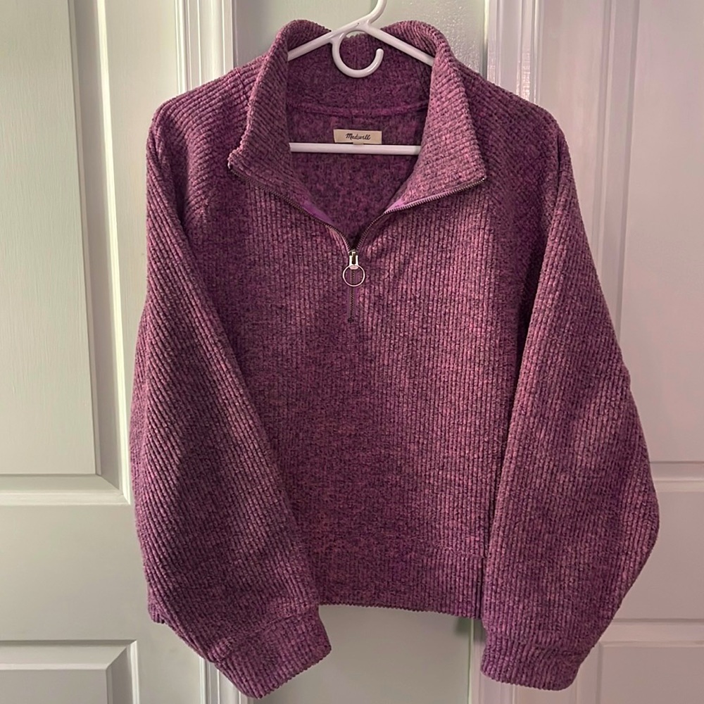 Madewell popover 3/4 Zip fleece sweater, Heathered pink and charcoal.